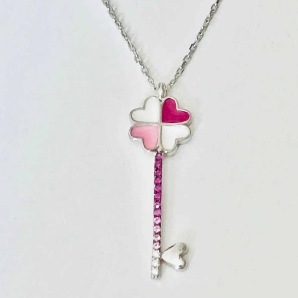 925 Silver pink heart clover key cz necklace